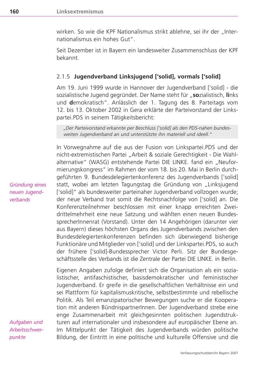 Seite 160 des Verfassungsschutzbericht 2007 Bayern
