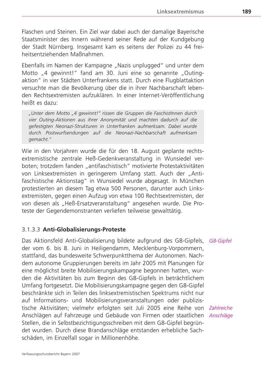 Seite 189 des Verfassungsschutzbericht 2007 Bayern