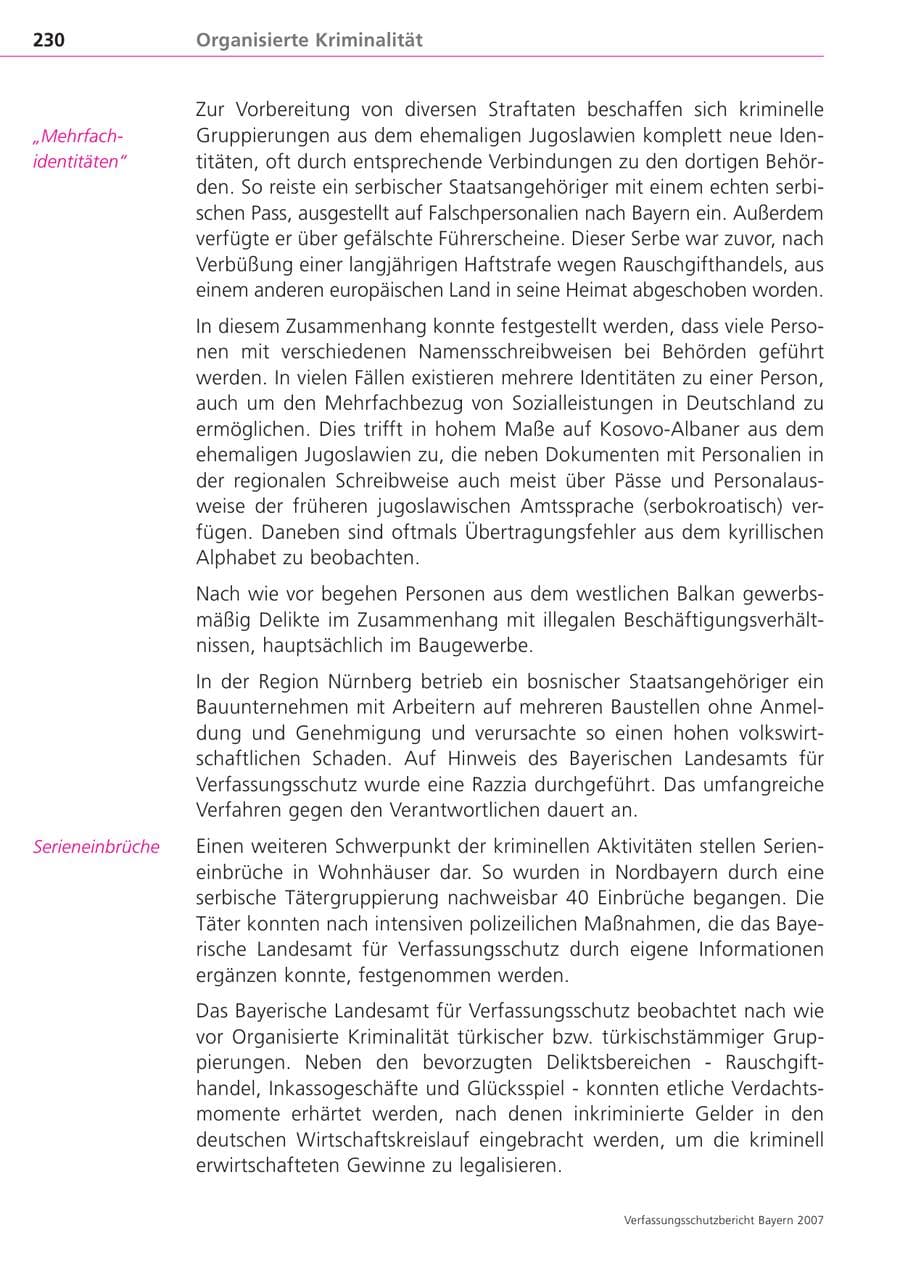 Seite 230 des Verfassungsschutzbericht 2007 Bayern