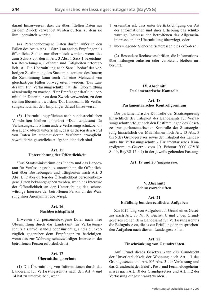 Seite 244 des Verfassungsschutzbericht 2007 Bayern