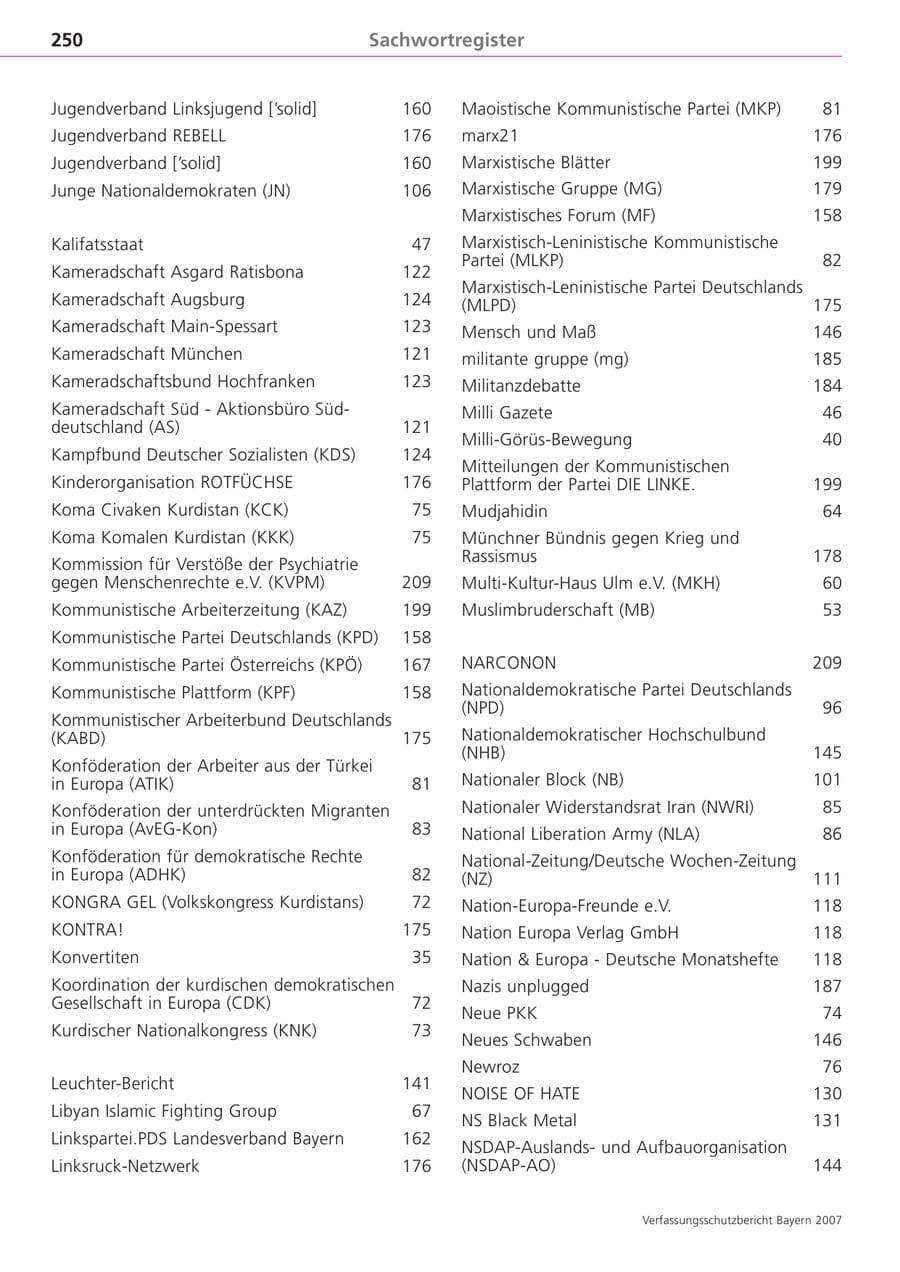 Seite 250 des Verfassungsschutzbericht 2007 Bayern