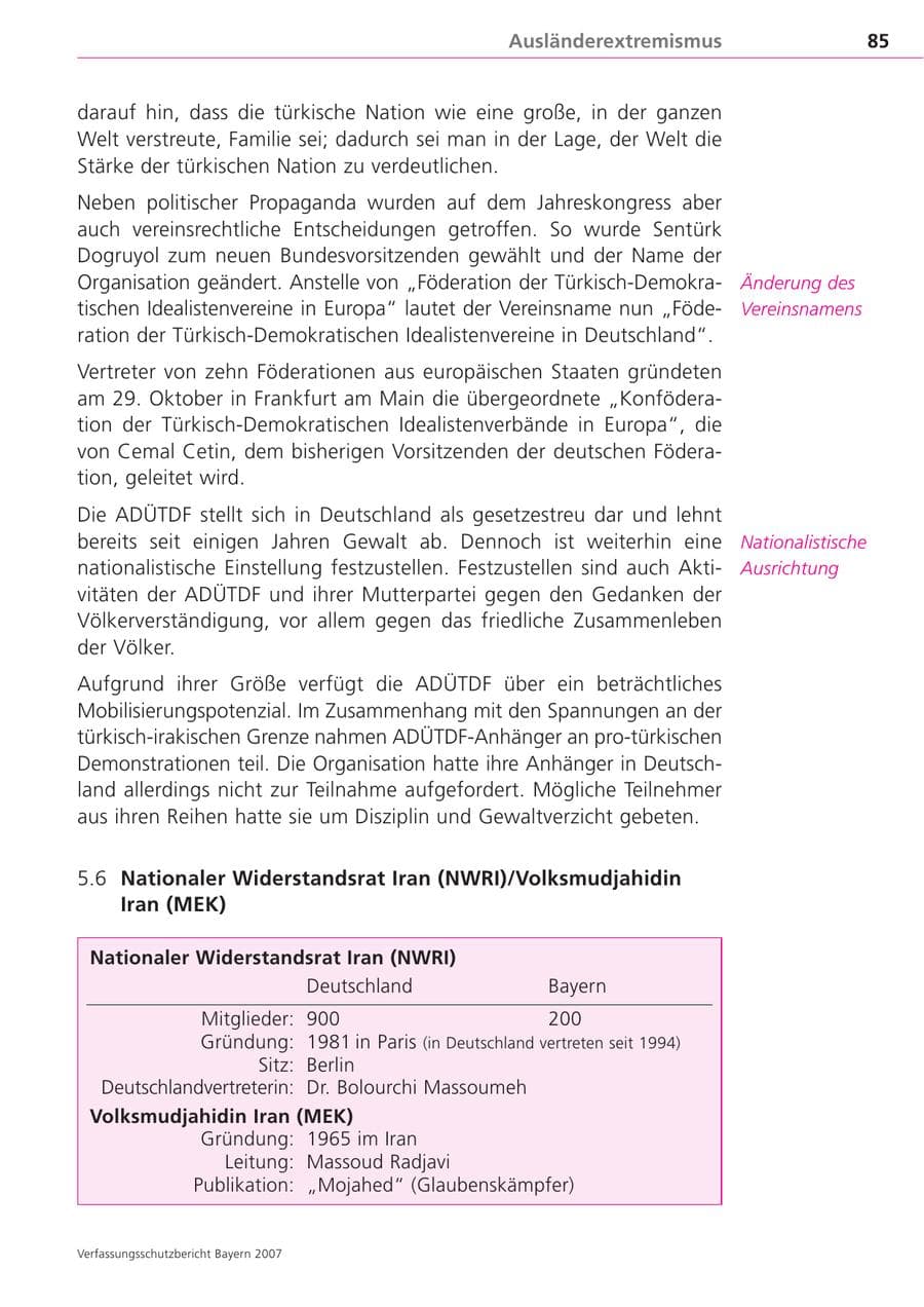 Seite 85 des Verfassungsschutzbericht 2007 Bayern