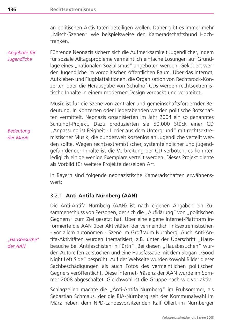 Seite 136 des Verfassungsschutzbericht 2008 Bayern