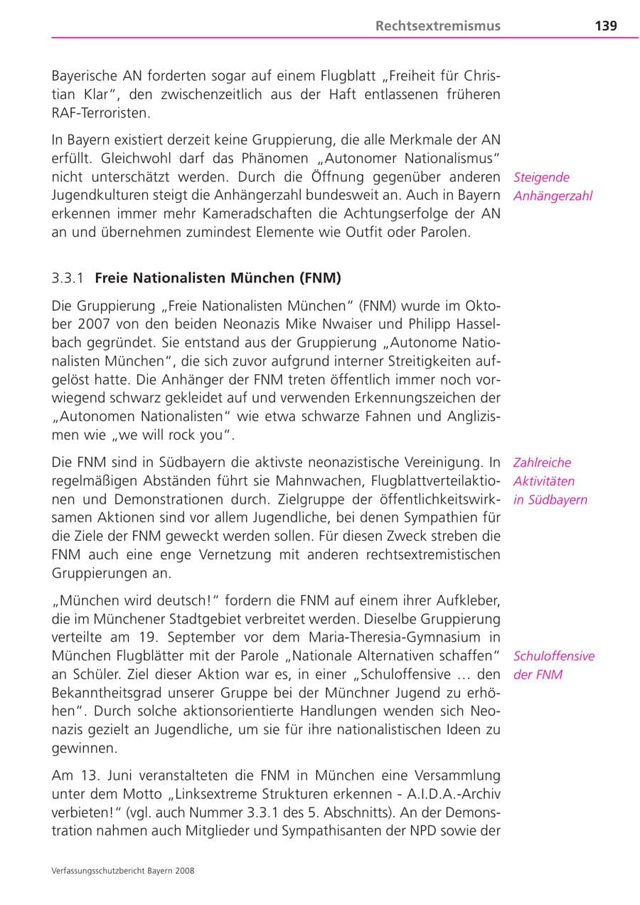 Seite 139 des Verfassungsschutzbericht 2008 Bayern