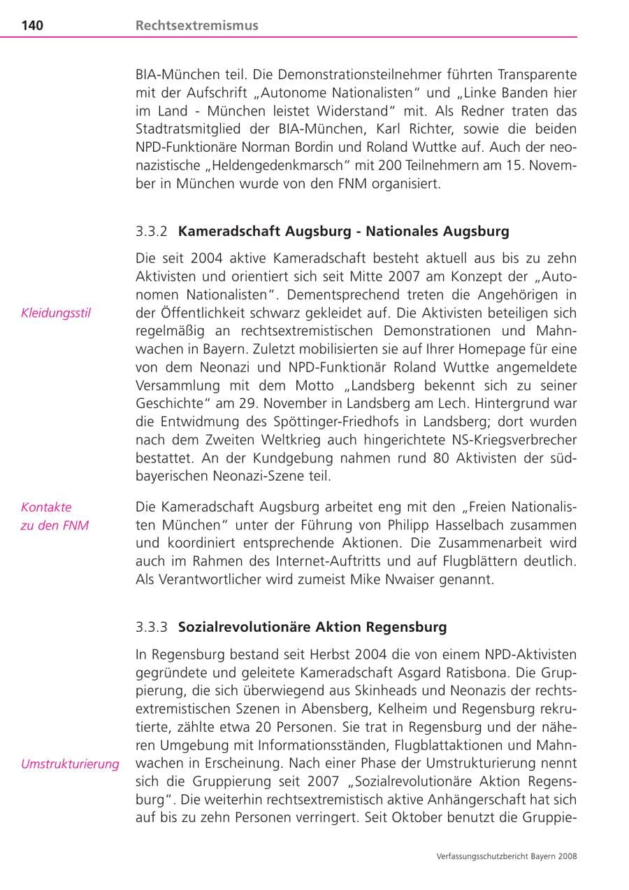Seite 140 des Verfassungsschutzbericht 2008 Bayern