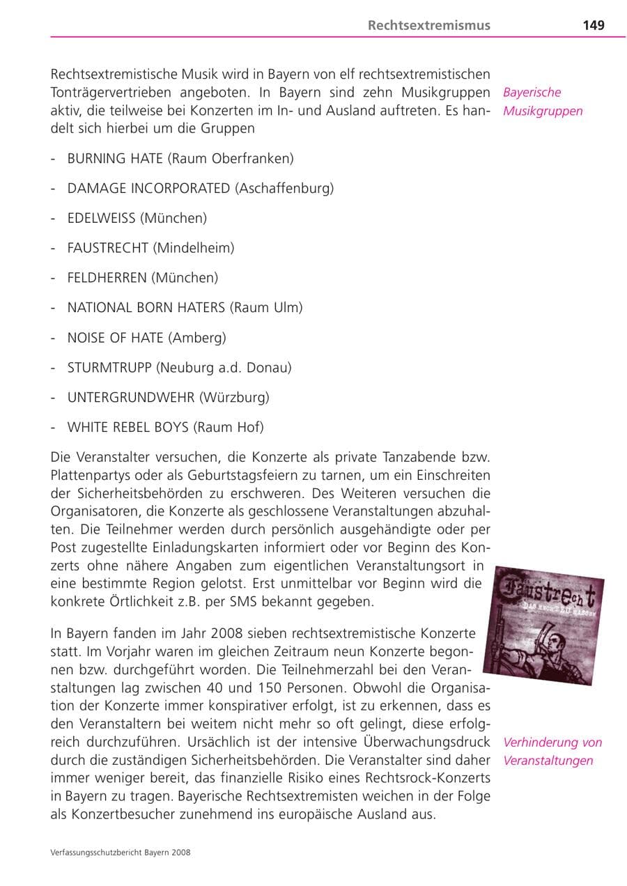 Seite 149 des Verfassungsschutzbericht 2008 Bayern