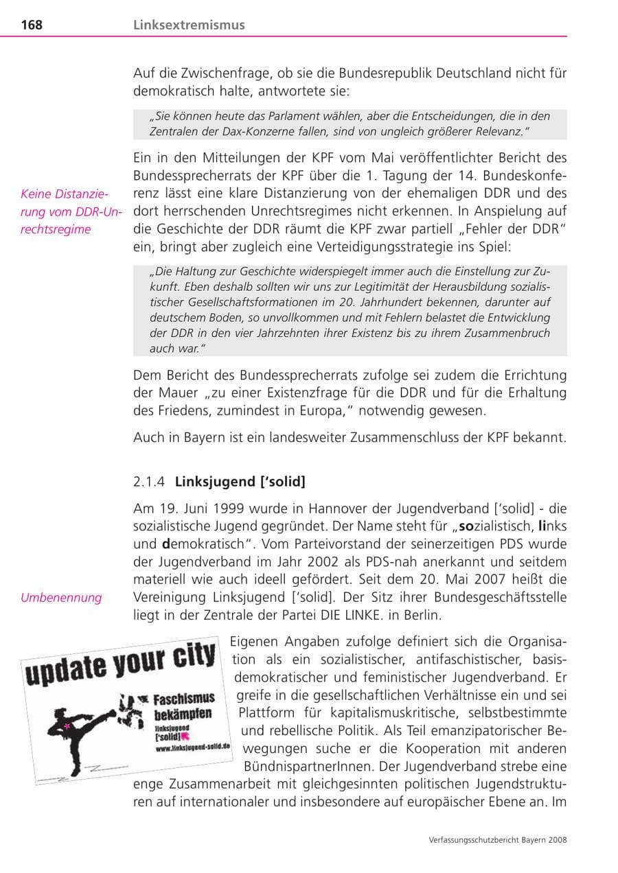 Seite 168 des Verfassungsschutzbericht 2008 Bayern