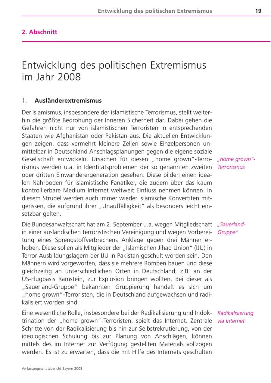 Seite 19 des Verfassungsschutzbericht 2008 Bayern