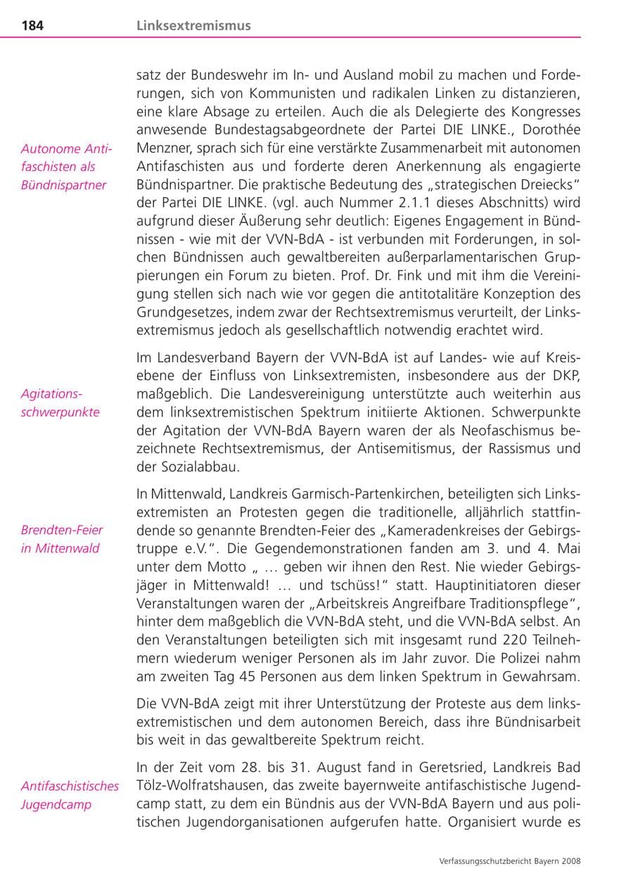 Seite 184 des Verfassungsschutzbericht 2008 Bayern