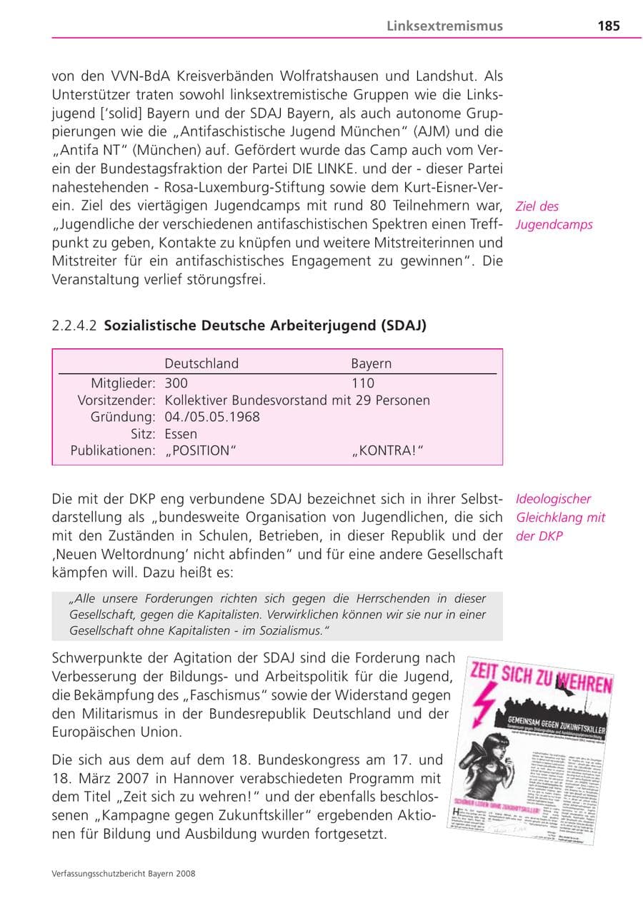 Seite 185 des Verfassungsschutzbericht 2008 Bayern