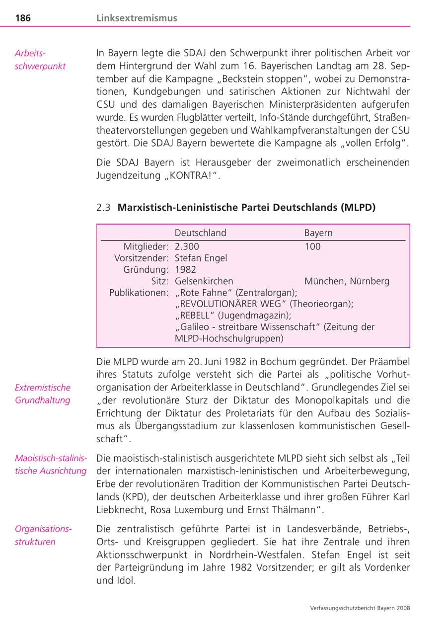 Seite 186 des Verfassungsschutzbericht 2008 Bayern