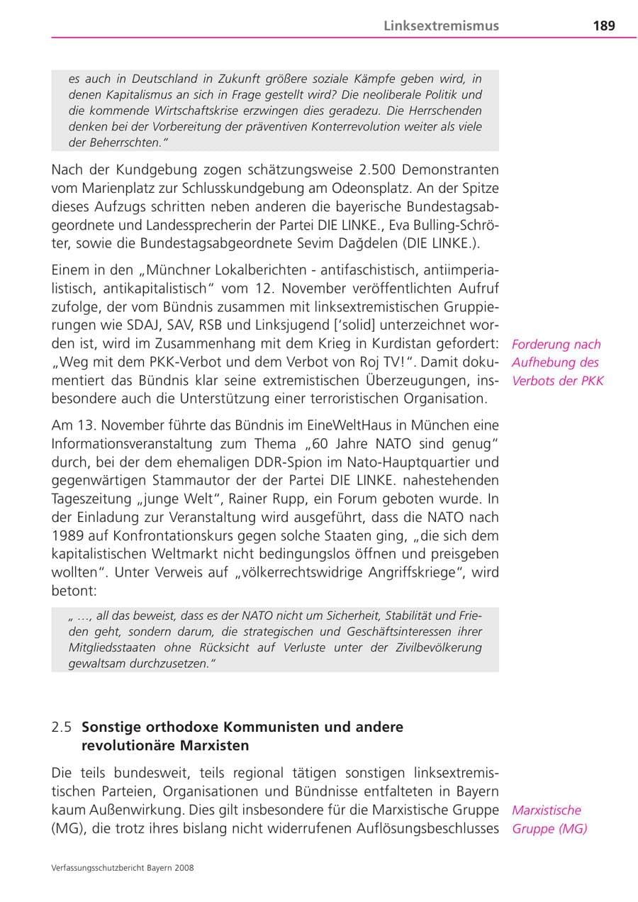 Seite 189 des Verfassungsschutzbericht 2008 Bayern