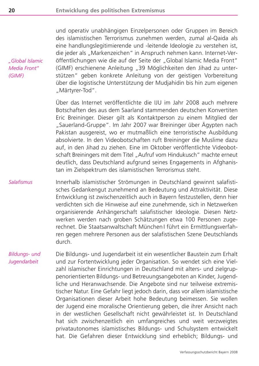 Seite 20 des Verfassungsschutzbericht 2008 Bayern
