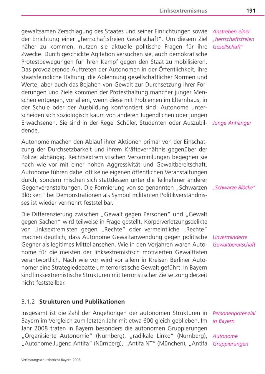 Seite 191 des Verfassungsschutzbericht 2008 Bayern