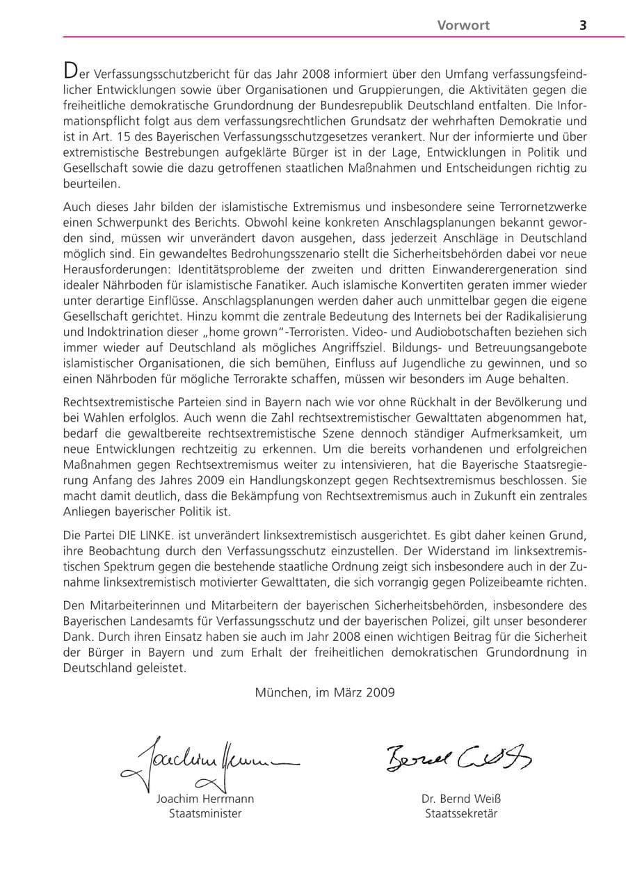 Seite 3 des Verfassungsschutzbericht 2008 Bayern