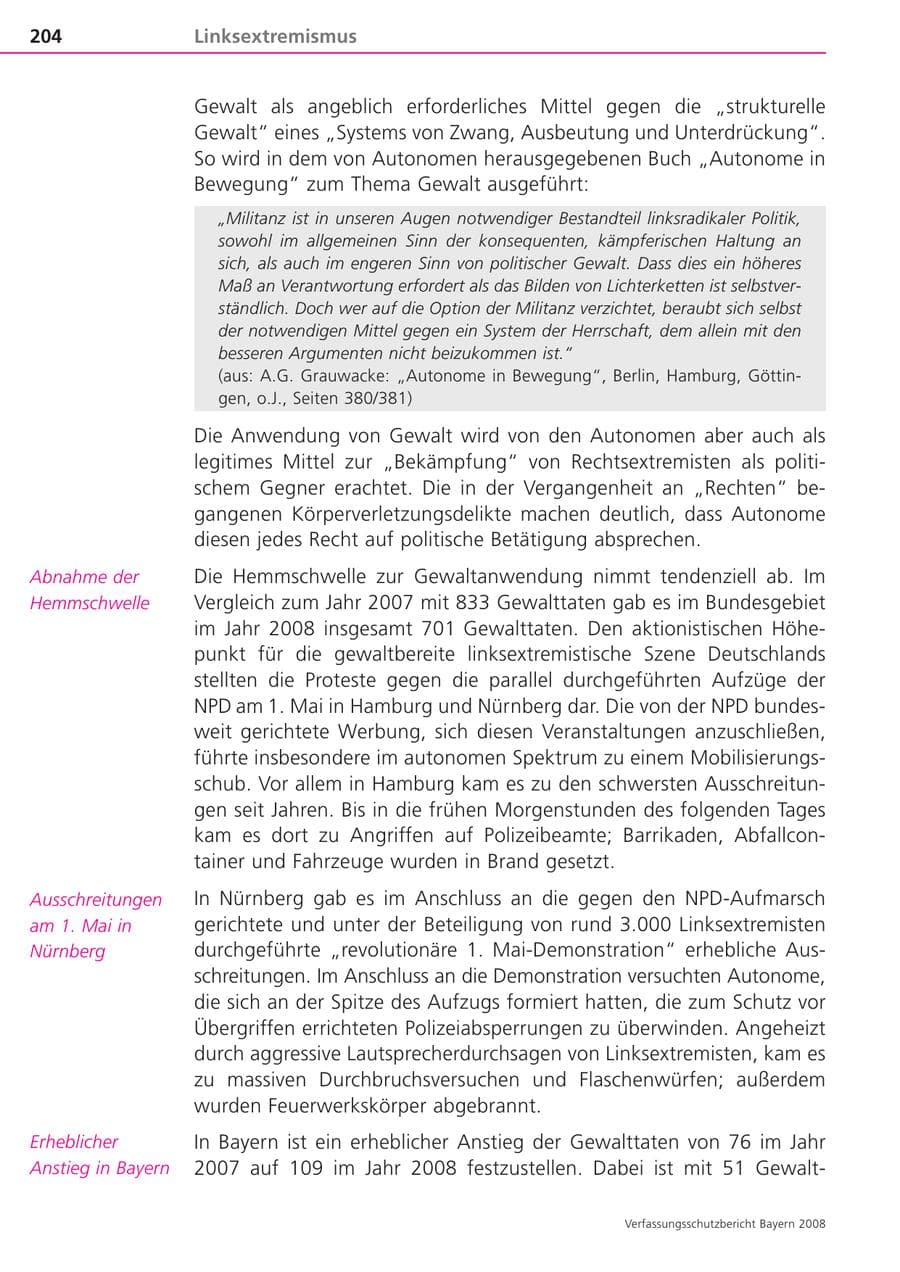 Seite 204 des Verfassungsschutzbericht 2008 Bayern