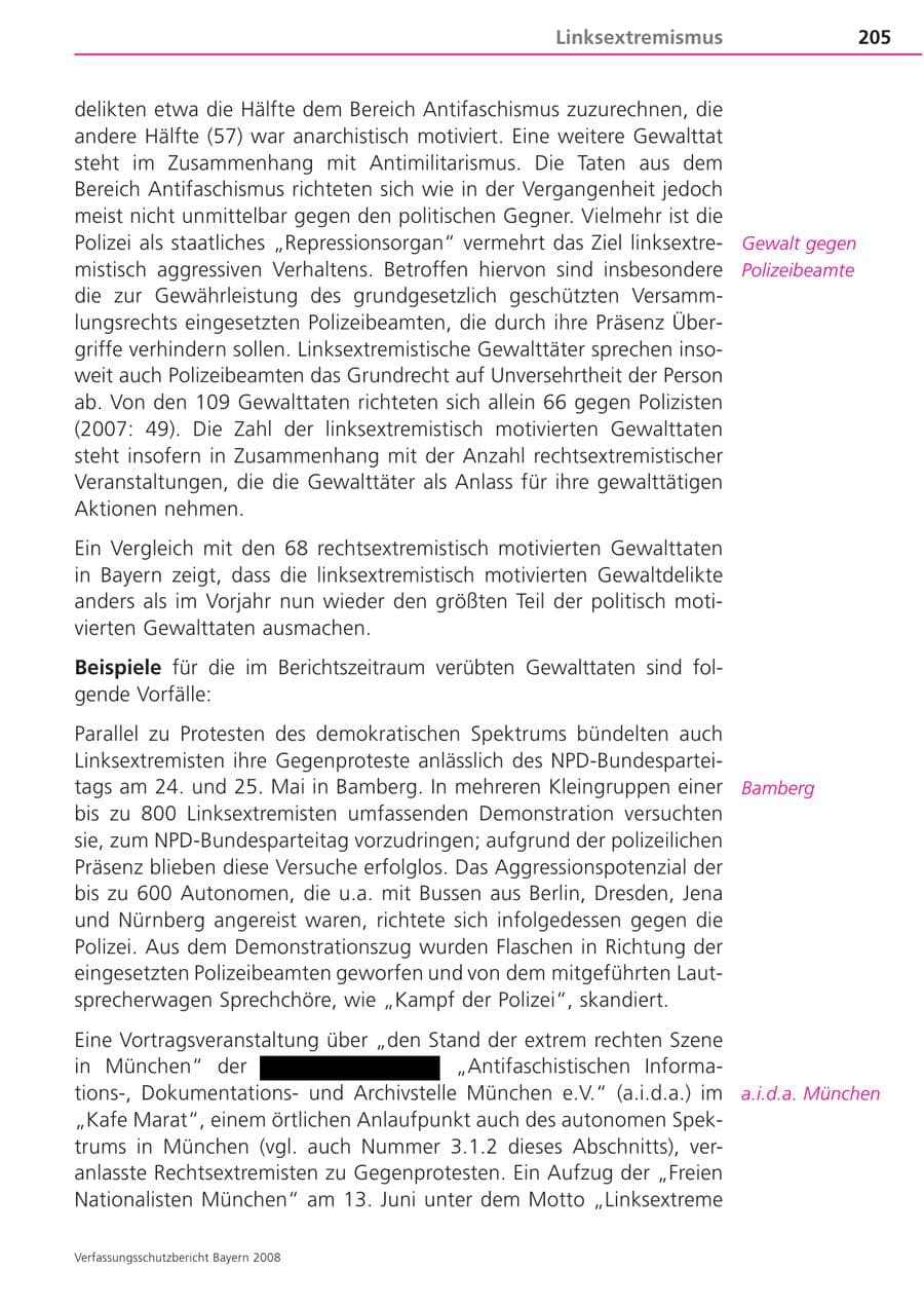 Seite 205 des Verfassungsschutzbericht 2008 Bayern
