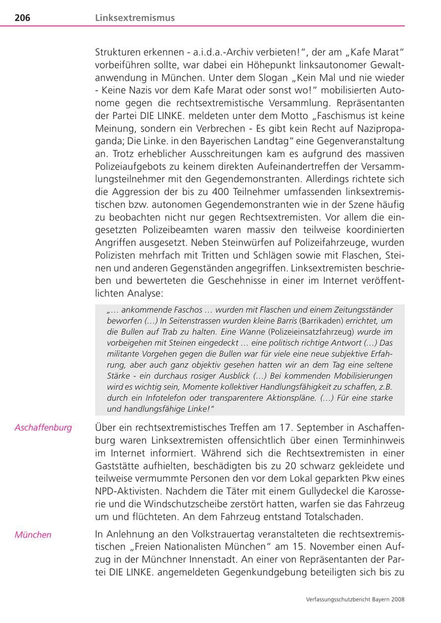 Seite 206 des Verfassungsschutzbericht 2008 Bayern