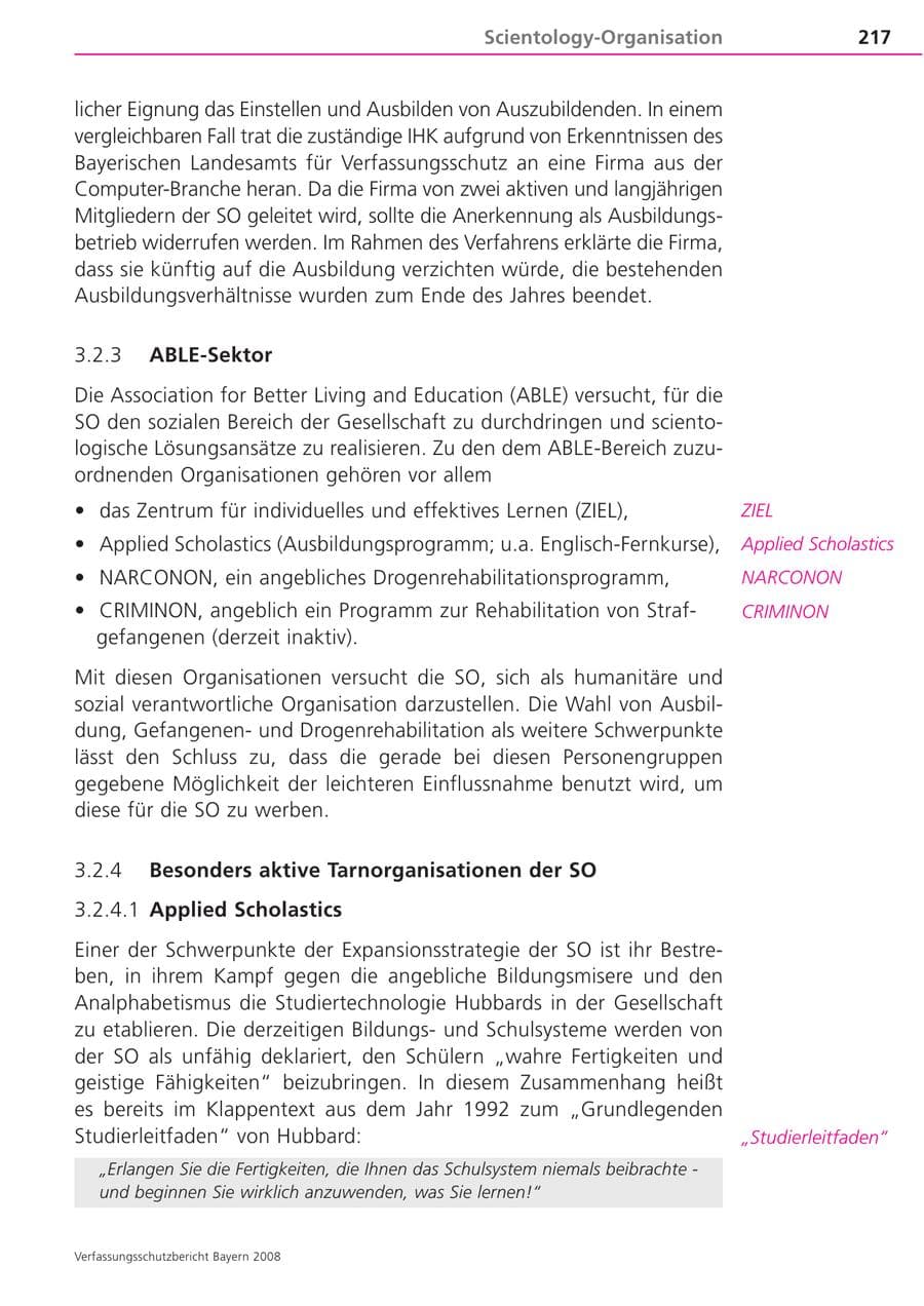 Seite 217 des Verfassungsschutzbericht 2008 Bayern