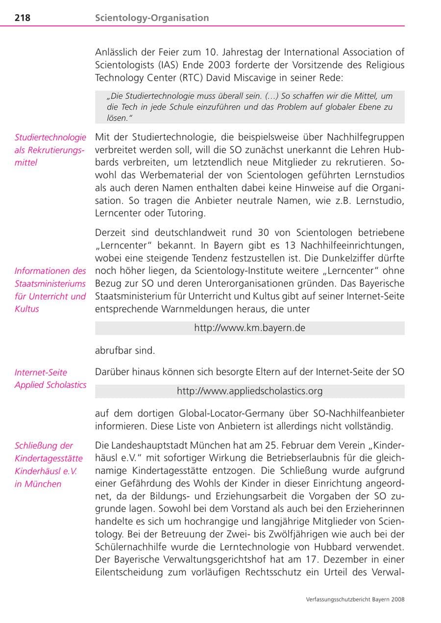 Seite 218 des Verfassungsschutzbericht 2008 Bayern