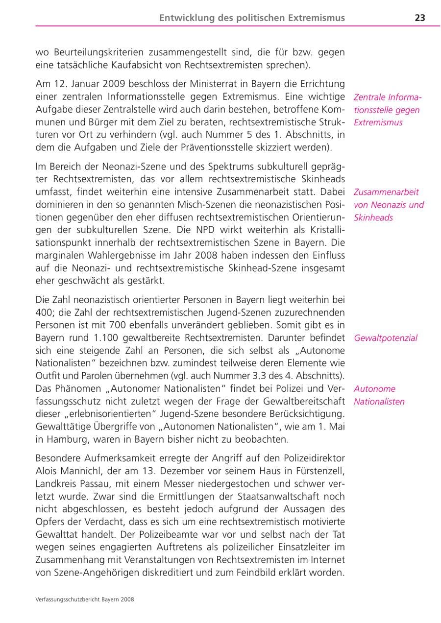 Seite 23 des Verfassungsschutzbericht 2008 Bayern