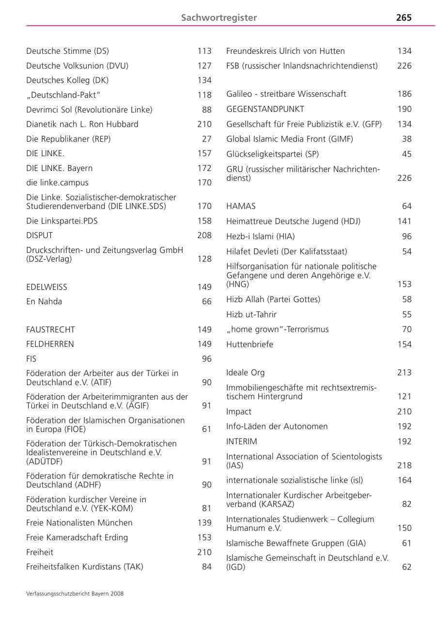 Seite 265 des Verfassungsschutzbericht 2008 Bayern