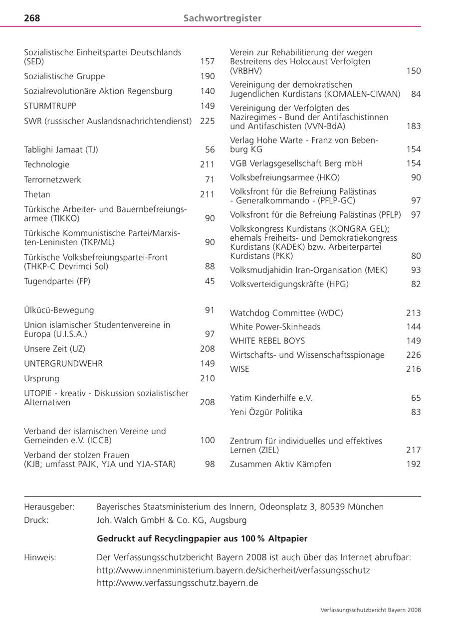 Seite 268 des Verfassungsschutzbericht 2008 Bayern