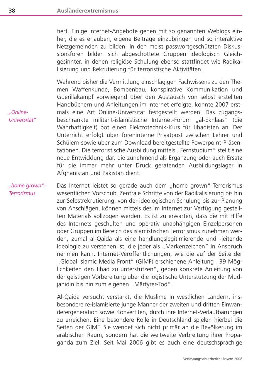 Seite 38 des Verfassungsschutzbericht 2008 Bayern