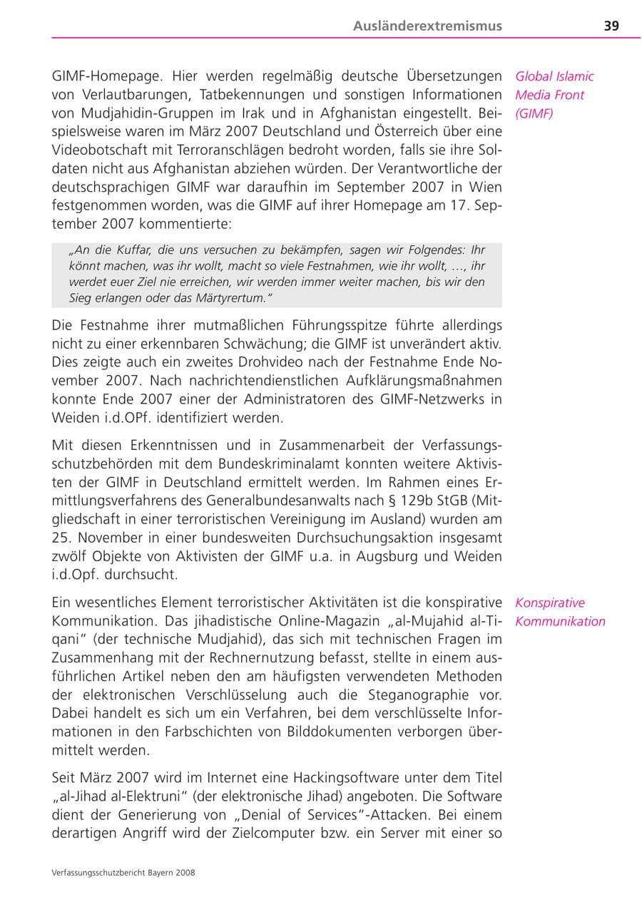 Seite 39 des Verfassungsschutzbericht 2008 Bayern