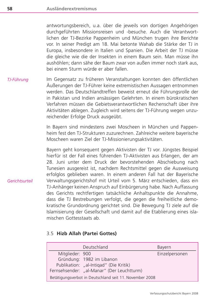 Seite 58 des Verfassungsschutzbericht 2008 Bayern