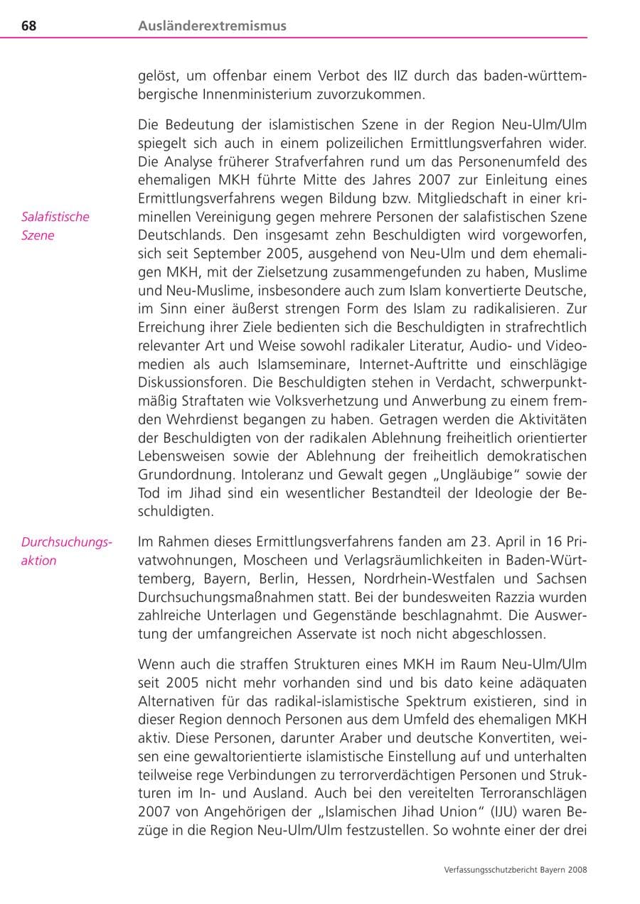 Seite 68 des Verfassungsschutzbericht 2008 Bayern