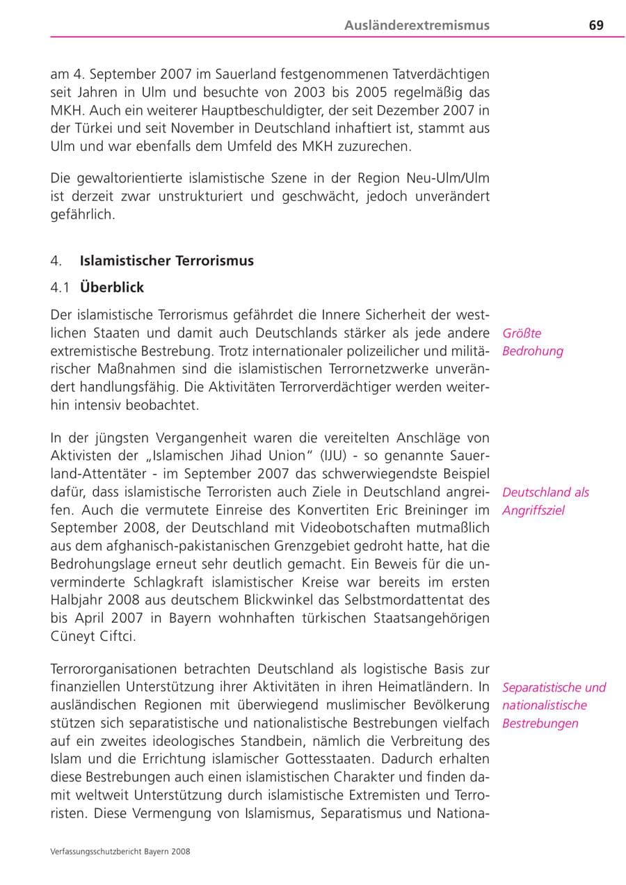 Seite 69 des Verfassungsschutzbericht 2008 Bayern