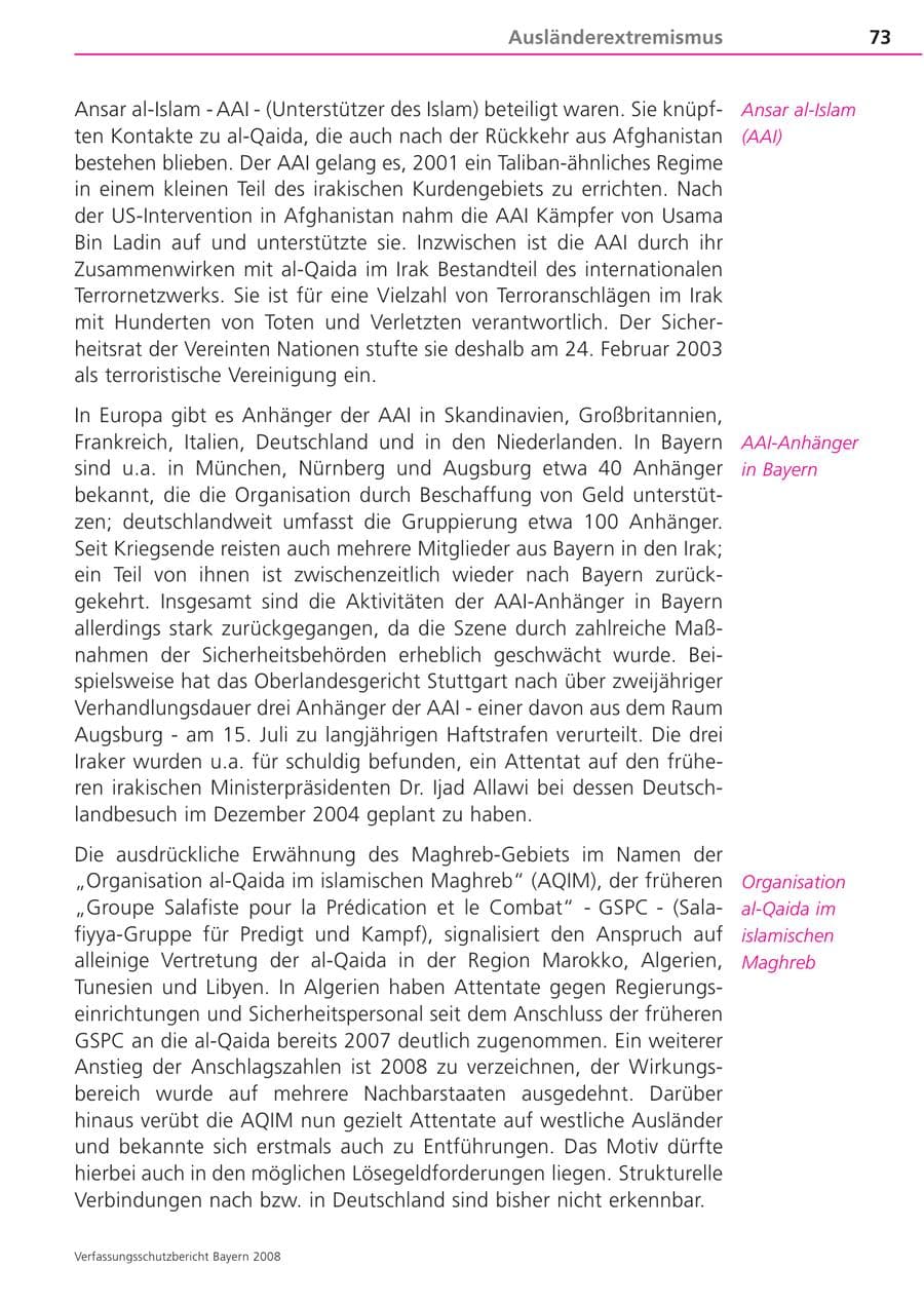 Seite 73 des Verfassungsschutzbericht 2008 Bayern