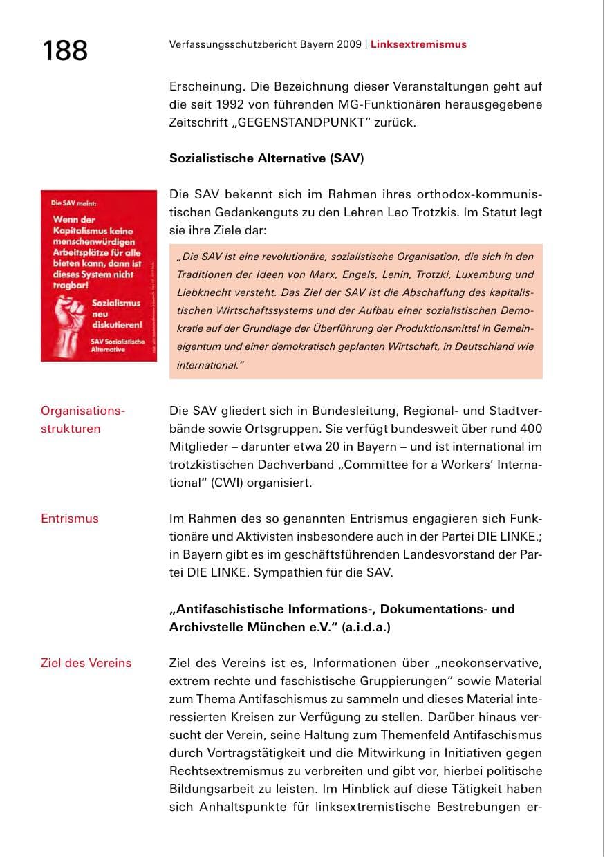 Seite 190 des Verfassungsschutzbericht 2009 Bayern