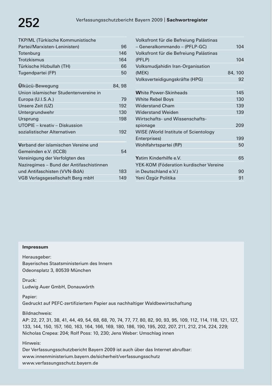 Seite 254 des Verfassungsschutzbericht 2009 Bayern