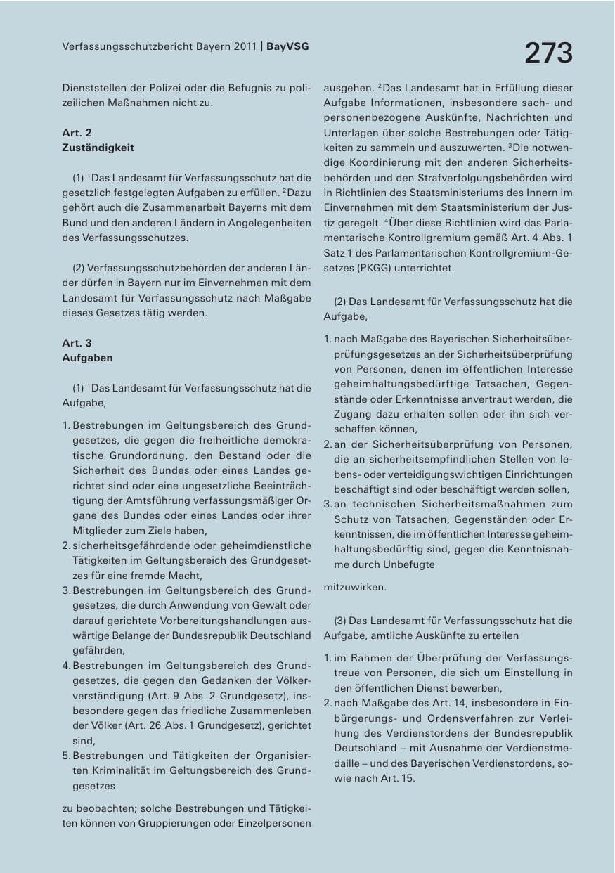 Seite 275 des Verfassungsschutzbericht 2011 Bayern