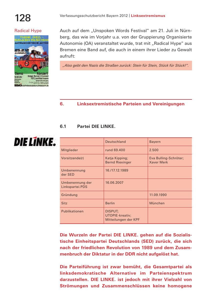 Seite 128 des Verfassungsschutzbericht 2012 Bayern