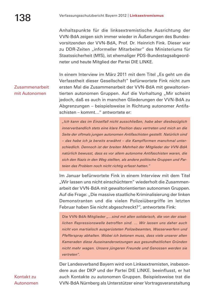 Seite 138 des Verfassungsschutzbericht 2012 Bayern
