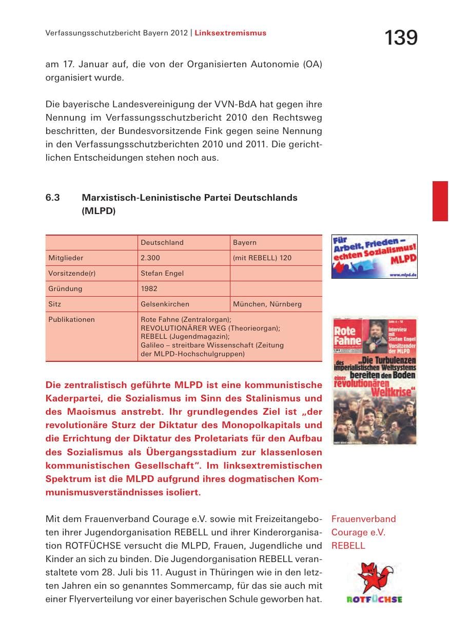Seite 139 des Verfassungsschutzbericht 2012 Bayern