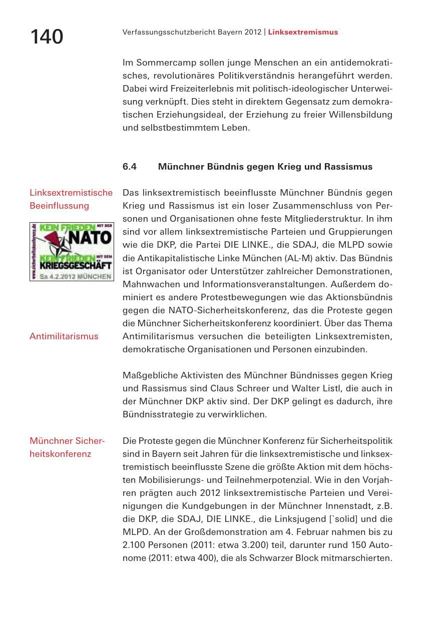Seite 140 des Verfassungsschutzbericht 2012 Bayern