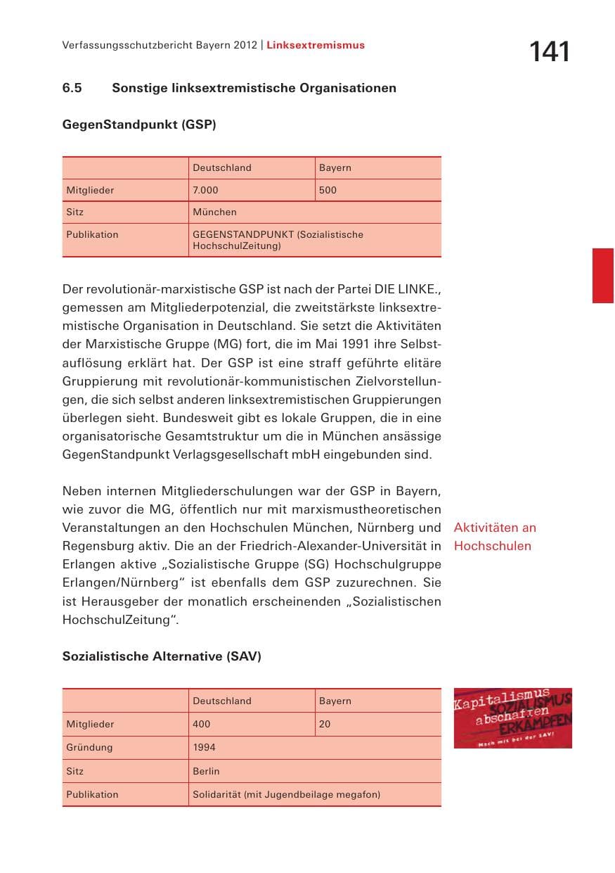 Seite 141 des Verfassungsschutzbericht 2012 Bayern