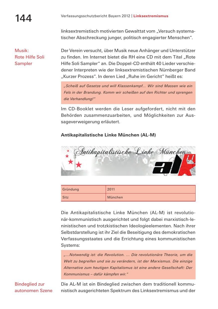 Seite 144 des Verfassungsschutzbericht 2012 Bayern