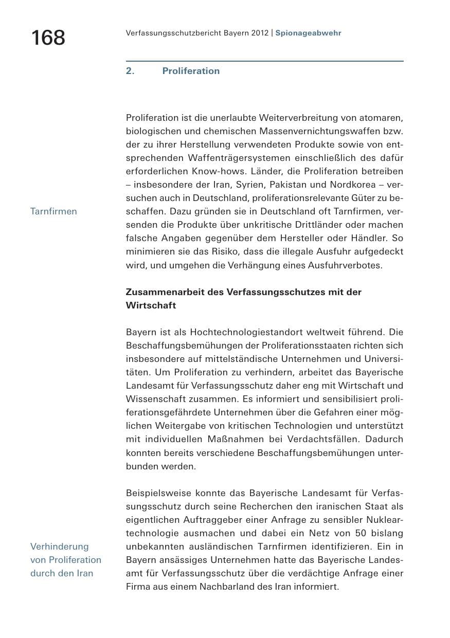 Seite 168 des Verfassungsschutzbericht 2012 Bayern
