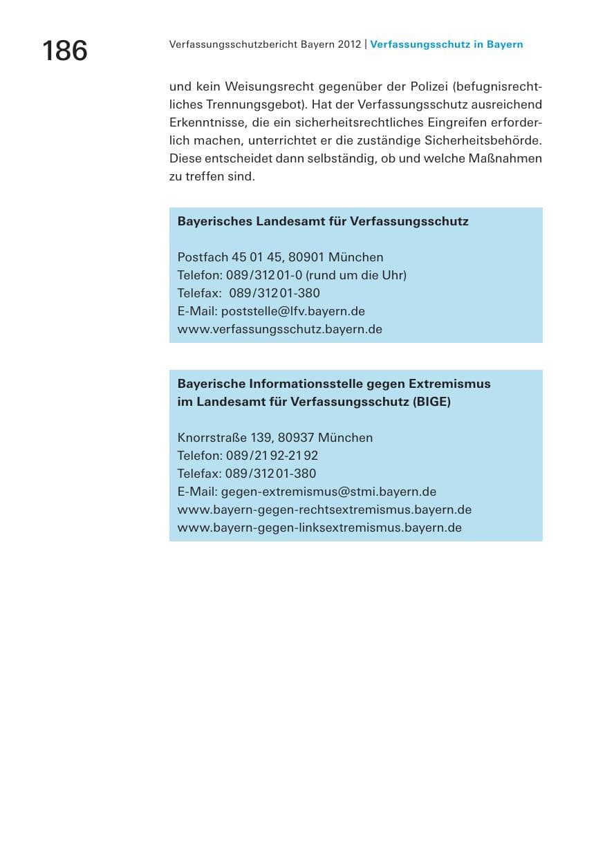 Seite 186 des Verfassungsschutzbericht 2012 Bayern