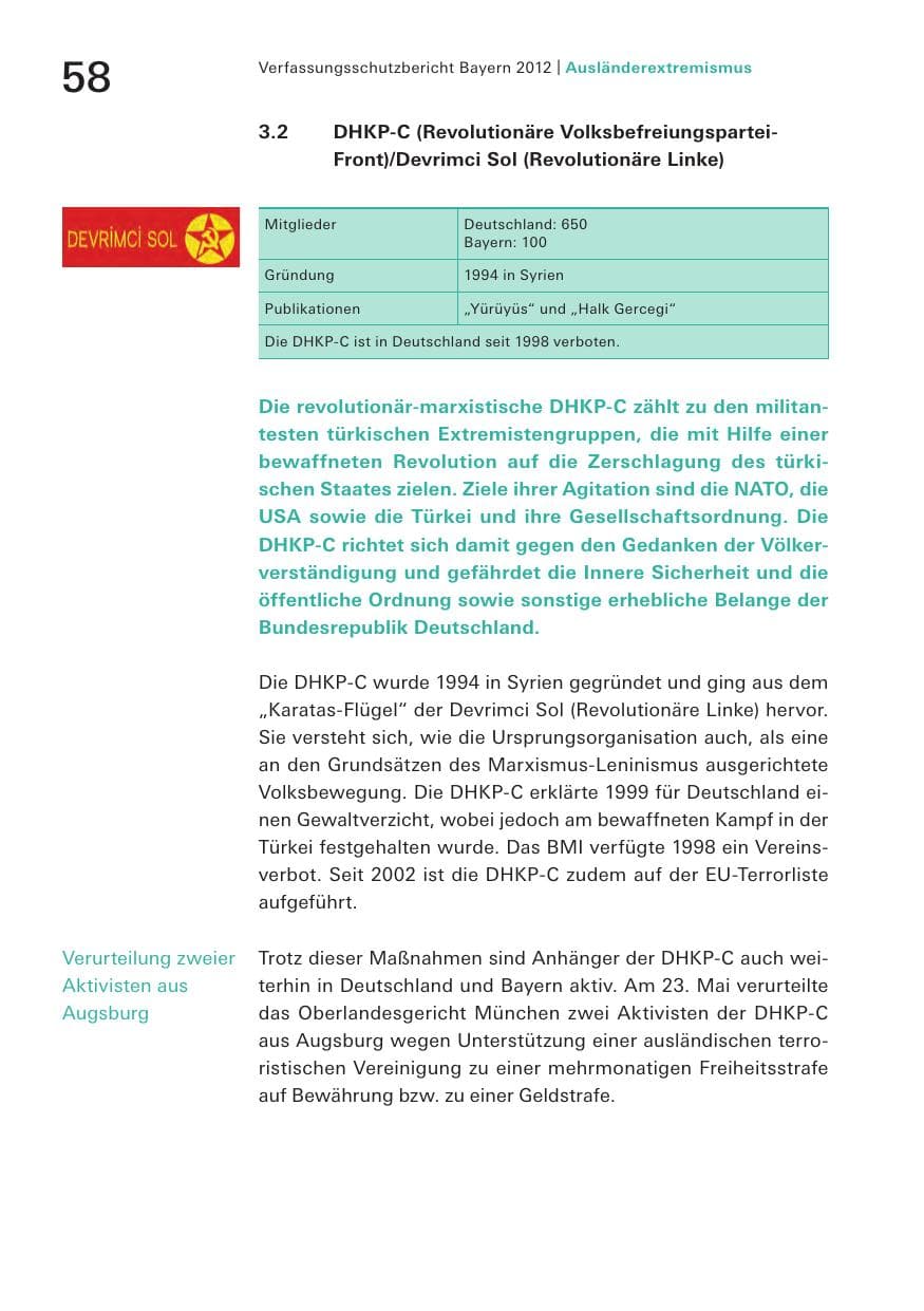 Seite 58 des Verfassungsschutzbericht 2012 Bayern