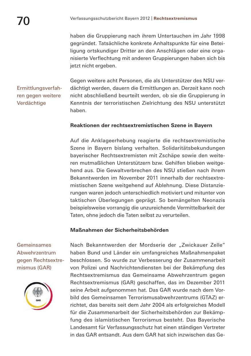Seite 70 des Verfassungsschutzbericht 2012 Bayern