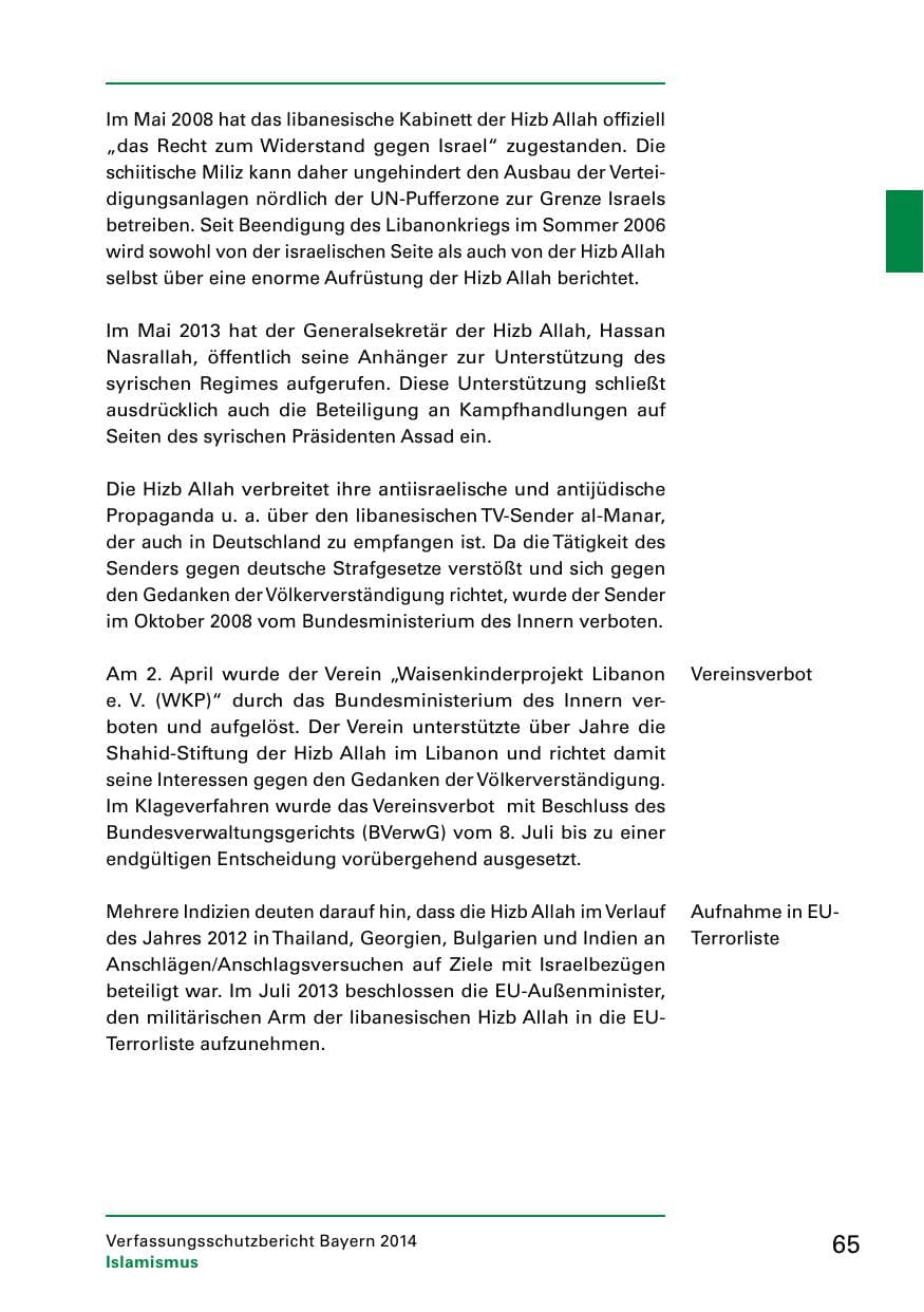 Seite 67 des Verfassungsschutzbericht 2014 Bayern