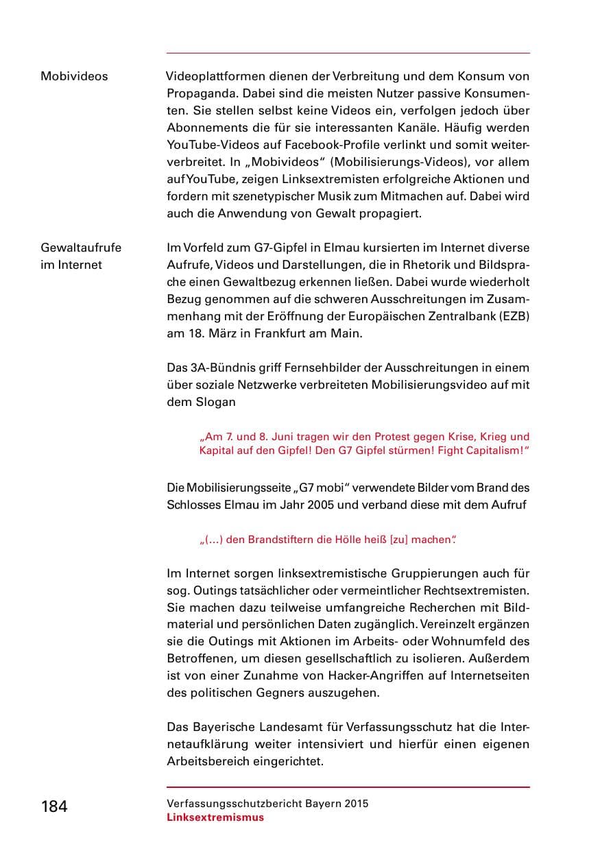 Seite 186 des Verfassungsschutzbericht 2015 Bayern