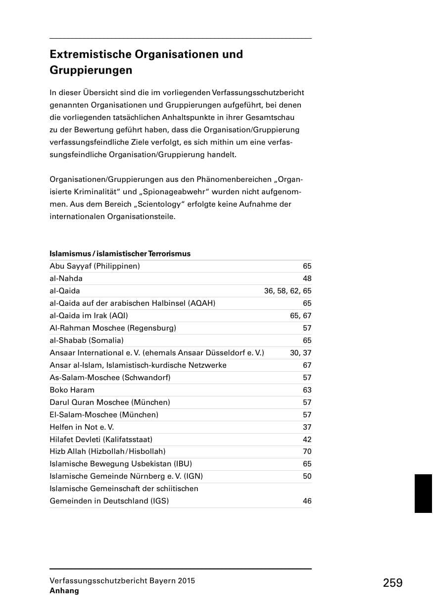 Seite 261 des Verfassungsschutzbericht 2015 Bayern