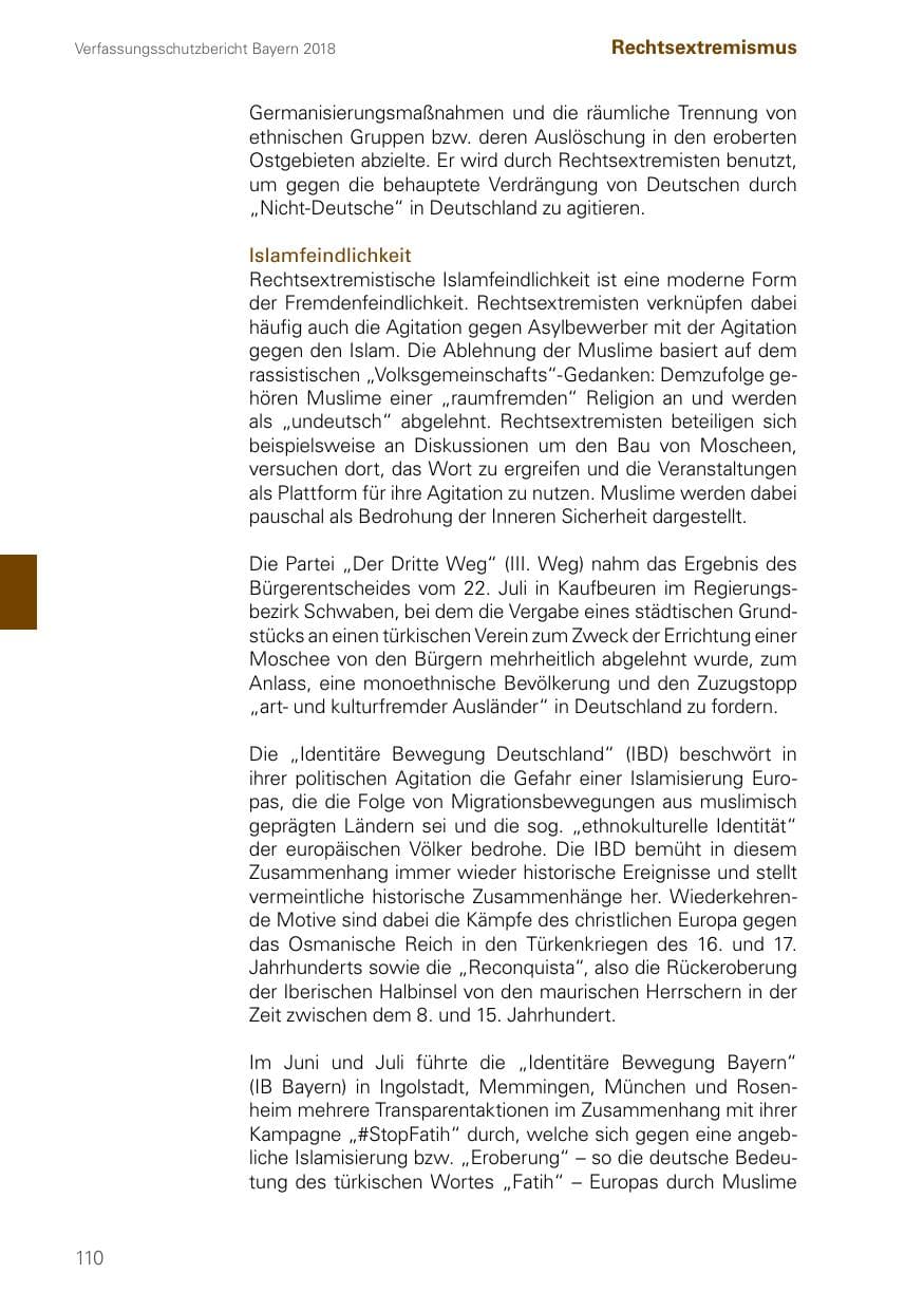 Seite 110 des Verfassungsschutzbericht 2018 Bayern